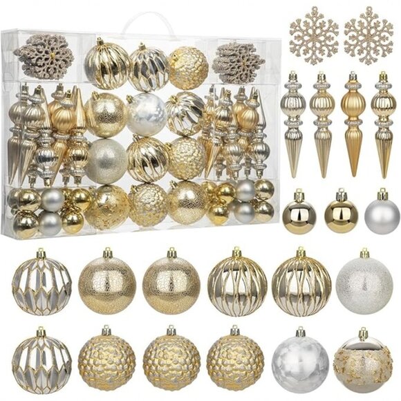 Christmas Tree Shatterproof Gold & Silver 92 Piece Ornament Decoration Set - Picture 2 of 6